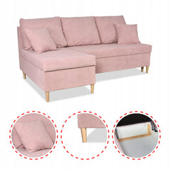 Kompaktowy narożnik Wigo różowy welur, rozkładany, pojemniki, wysokie nóżki