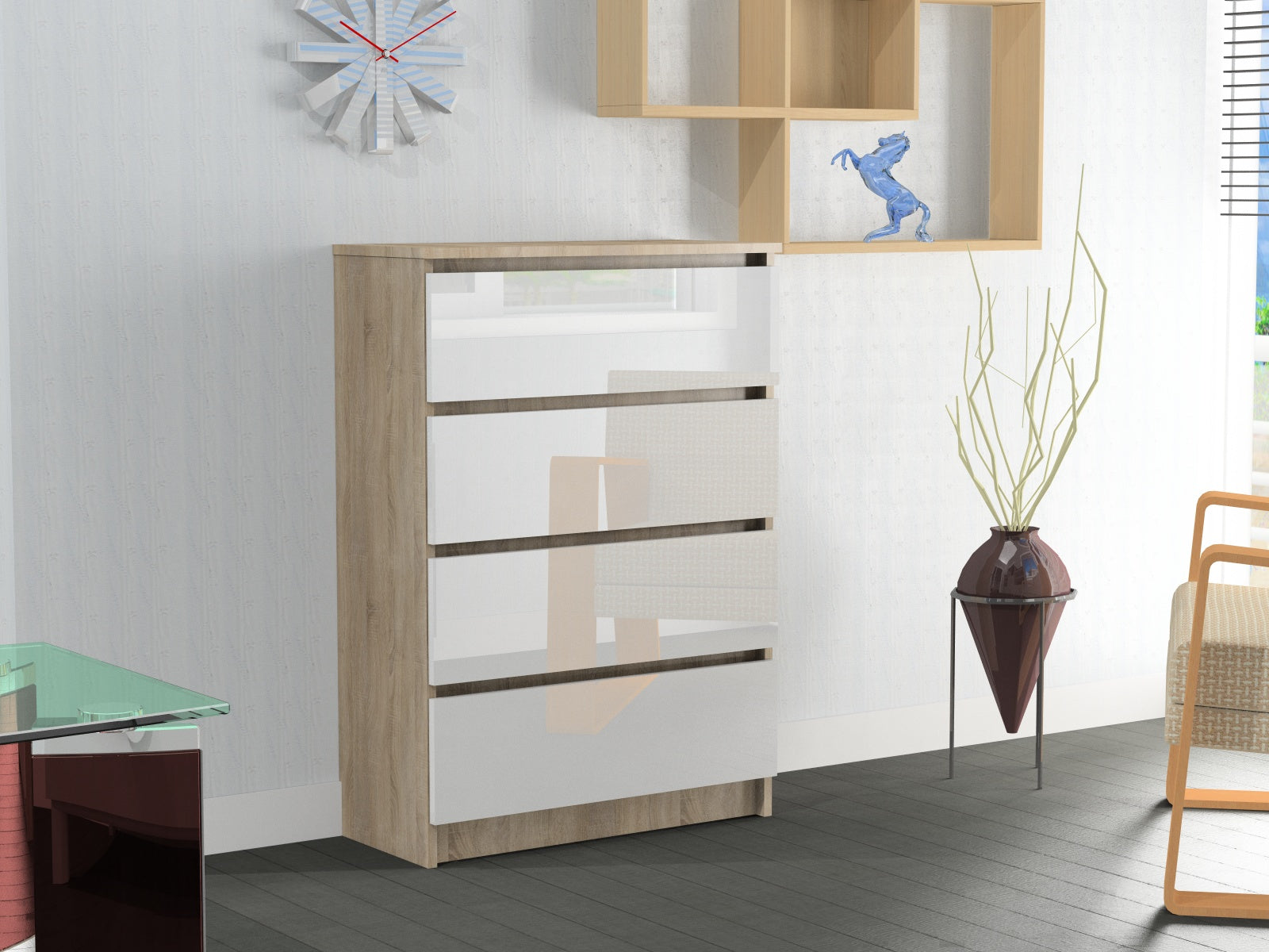 Komoda RICO cztery szuflady Akryl Wysoki Połysk Sonoma 70 cm