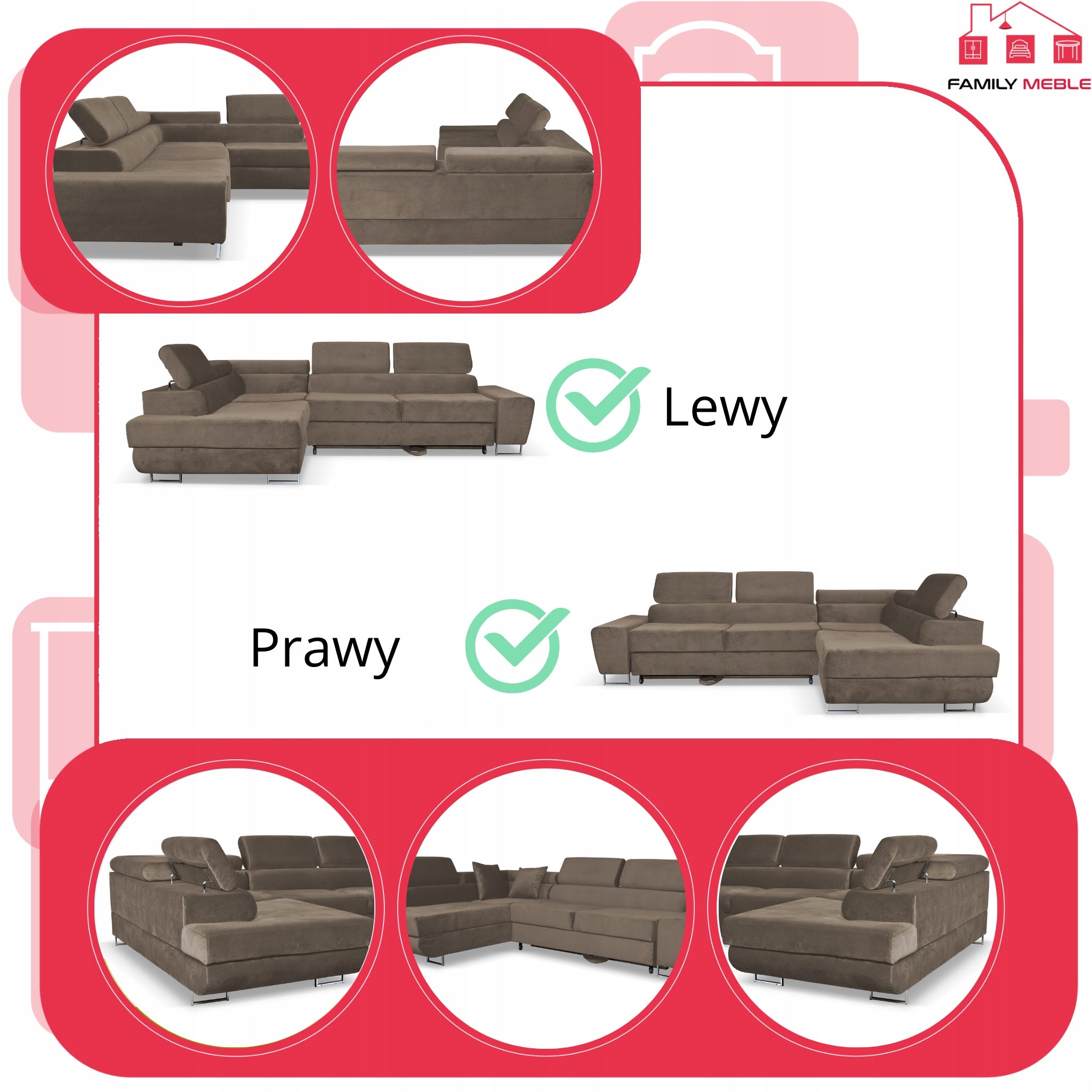 Narożnik Bosso Lewy brązowy welur z funkcją spania, regulowane zagłówki