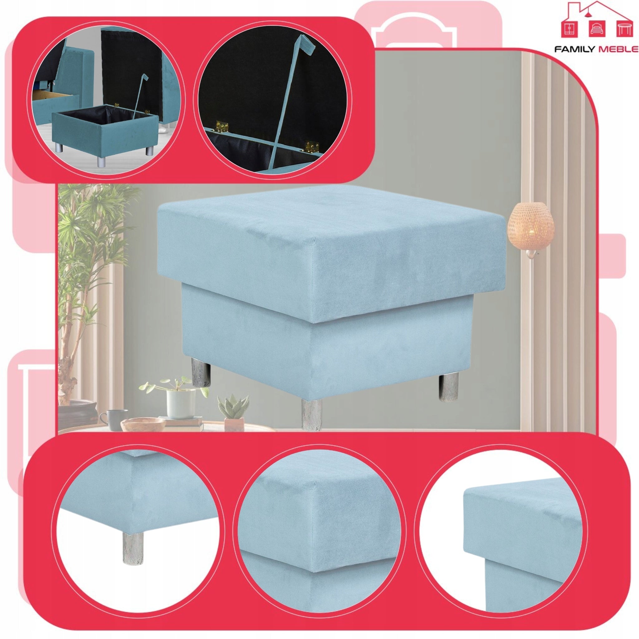 Duża pufa Alicja błękitna z pojemnikiem, siedzisko podnóżek