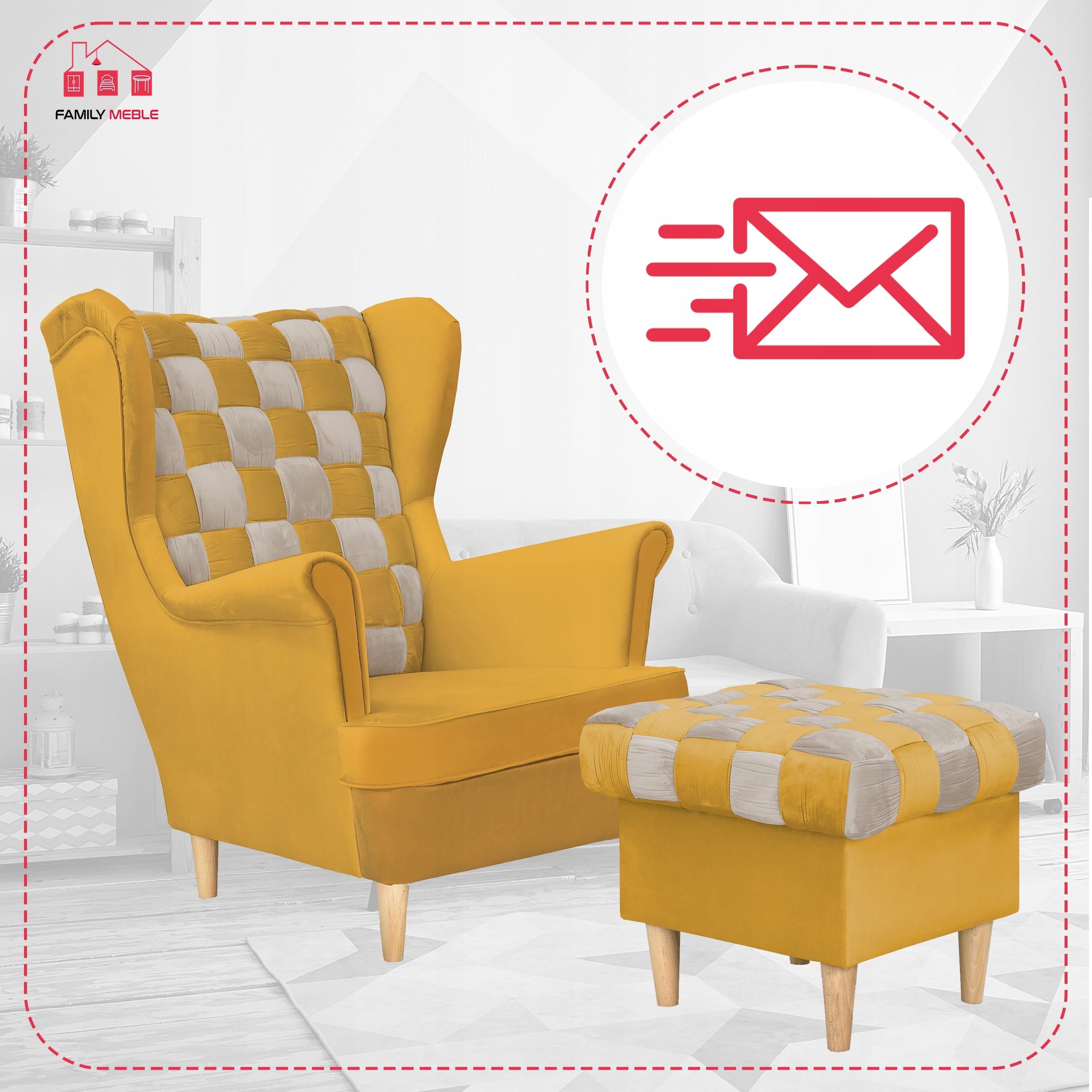 Fotel Uszak Carol Duo Family Meble z podnóżkiem skandynawski żółty/szary